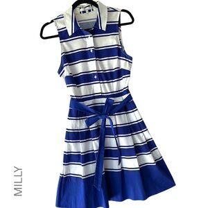 NWT | MILLY BLUE & WHITE STRIPE SLEEVELESS COTTON SHIRT DRESS POCKETS | SIZE: 8
